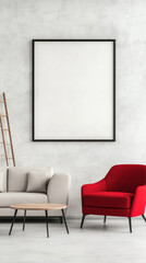A red armchair and a beige couch in a minimalist living room with a large empty picture frame.