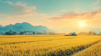 Fototapeta premium Rice farming in a traditional landscape with modern harvesting equipment. Perfect for the balance of tradition and technology in agricultural development. 