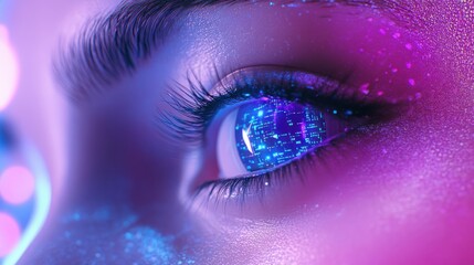 Human eye displaying digital neon data reflections