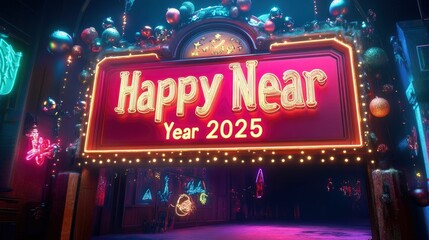 Happy New Year 2025 displayed on a vibrant neon marquee, with twinkling lights and festive decorations.