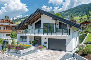 Modern white house with a black roof and a glass balcony. The house is set against a backdrop of lush green hills.