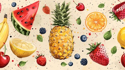 Summer fruit pattern. Cute vector seamless background with pineapple, watermelon, lemon, orange, strawberry, banana, berries, cherry