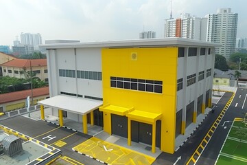 An aerial view of a modern building with a bright yellow facade and a white roof.