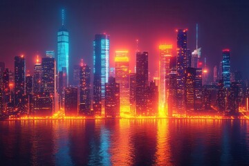 Fototapeta premium futuristic cityscape featuring modern urban buildings with sleek architecture illuminated by neon lights showcasing a vibrant and innovative future
