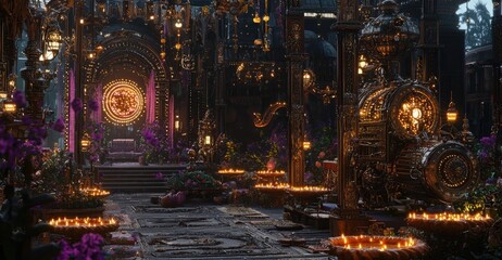 Obraz premium A mystical indoor scene filled with ornate decorations, vibrant flowers, glowing lanterns, and a serene ambiance, perfect for fantasy themes.