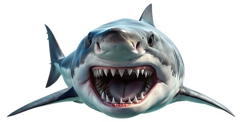 Great white shark with wide mouth and sharp teeth on white background