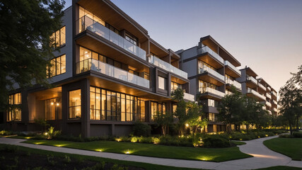 Obraz premium Modern apartment complex with glass balconies and evening lights illuminating the buildings facade.