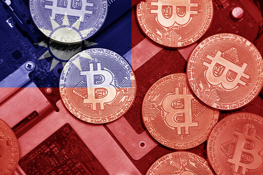 flag of taiwan on the bitcoins with computer electronic circuit board background. bitcoin concept.