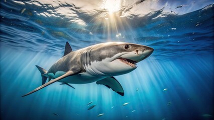 Naklejka premium Great White shark underwater looking up towards surface of ocean