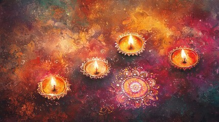 Vibrant diwali lamps illuminate a colorful background, celebrating light and joy during festive occasions.
