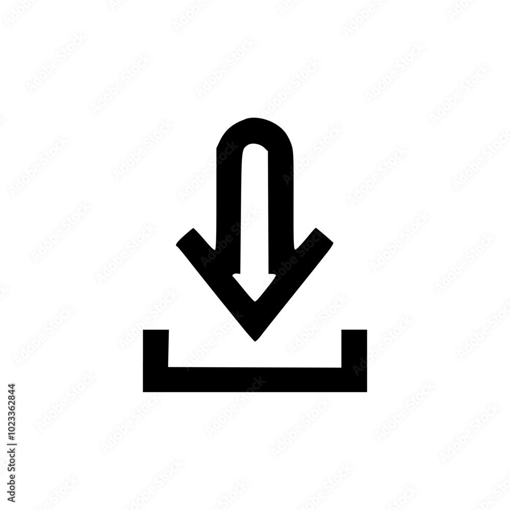 Poster simple black download icon with arrow pointing down into a square on a white background.