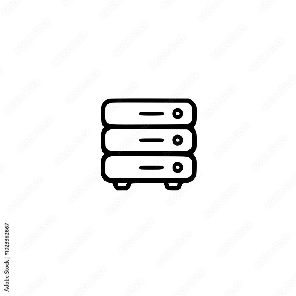 Poster minimalist black and white icon of a stacked server, representing data storage and networking in a s