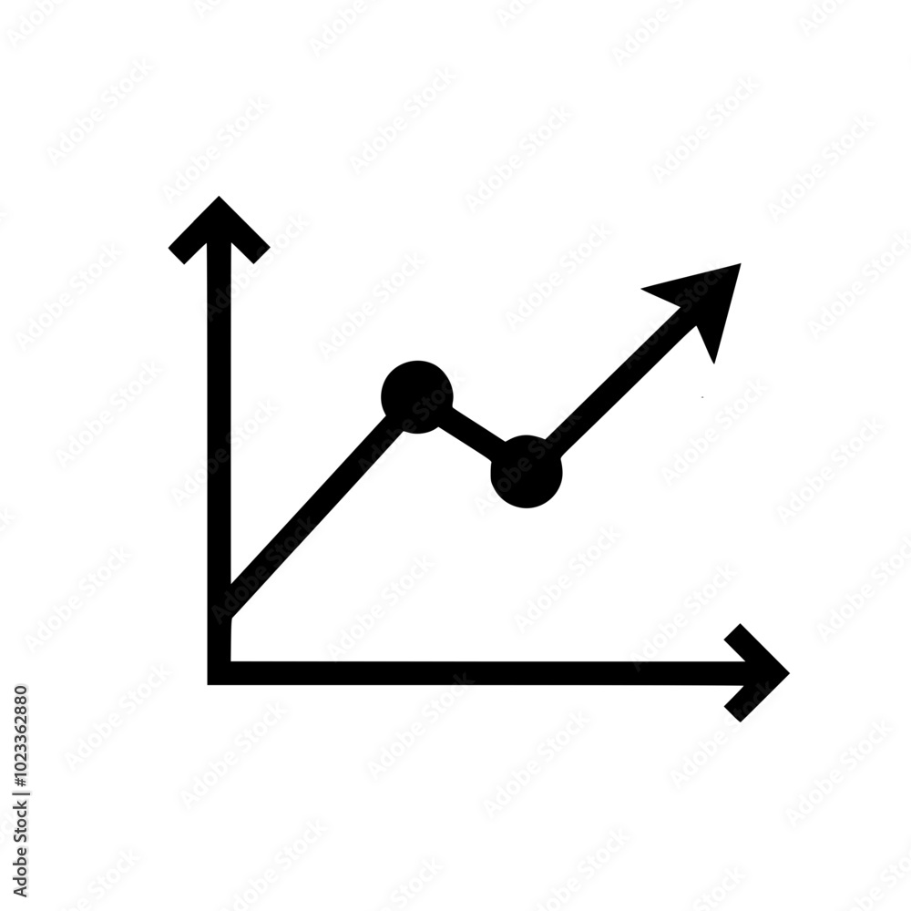 Poster black and white line graph icon depicting upward trend with two data points on a white background.