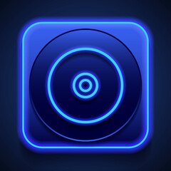 CD DVD simple icon. Flat design. Blue neon style on button. With shadow