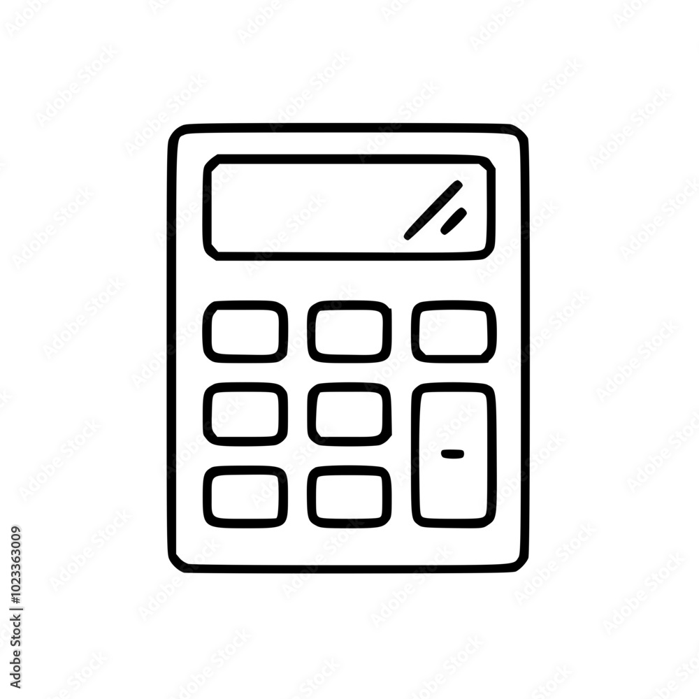 Poster simple black and white illustration of a calculator with a display and buttons drawn in a minimalist