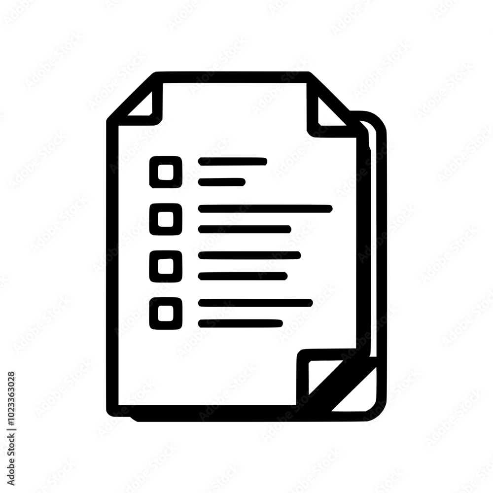 Poster minimalist line art icon of a checklist document with three bullet points on a white background.