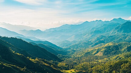 Fototapeta premium Scenic mountain range with clear skies and lush green valley. Ideal for outdoor adventures, nature tourism, and environmental conservation.