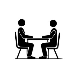 Silhouette of two figures seated at a table, depicting a meeting or conversation in a minimalist style.