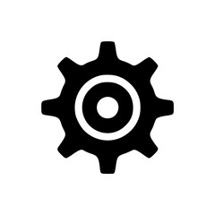 Black and white gear icon symbolizing technology and industry on a plain white background.