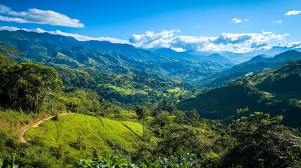 Fototapeta premium Scenic mountain range with clear skies and lush green valley. Ideal for outdoor adventures, nature tourism, and environmental conservation.