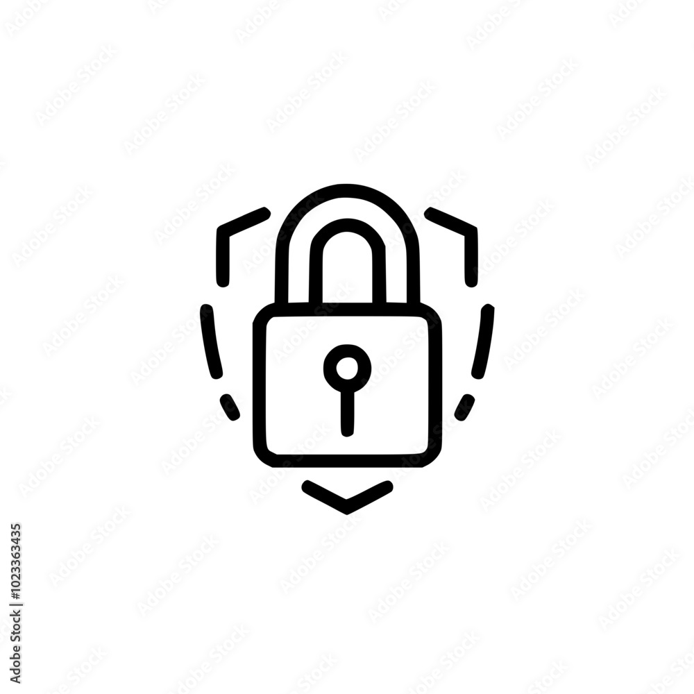 Poster minimalist black and white icon of a padlock enclosed within a shield, symbolizing security and prot
