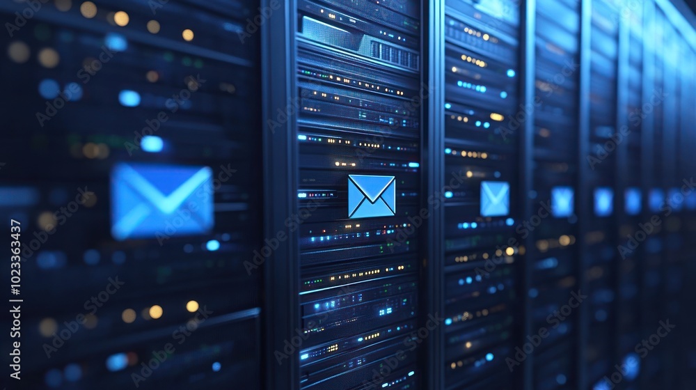 Poster a digital server room with email icons, emphasizing data storage and communication.