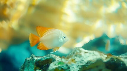 Tropical Fish Swimming in Aquarium with Blurred Rocks and Plants, showcasing vibrant colors of an exotic fish.