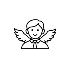 Fototapeta premium Simple line art icon of a smiling person with angel wings, symbolizing innocence or guidance.