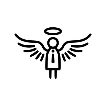 recommend clip art: Minimalistic line art angel icon featuring a figure with wings and a halo, symbolizing purity and protection.