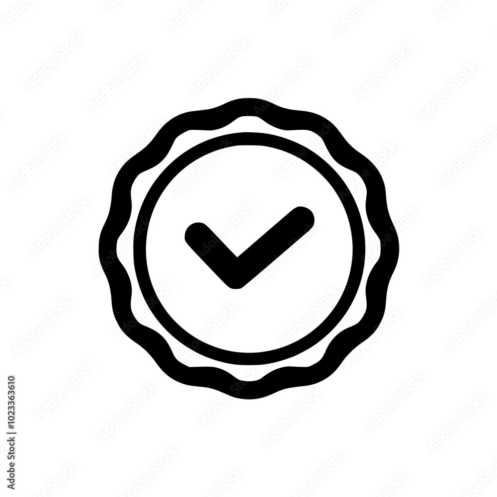Poster black checkmark inside a circular badge with wavy edges, symbolizing approval or certification on a 