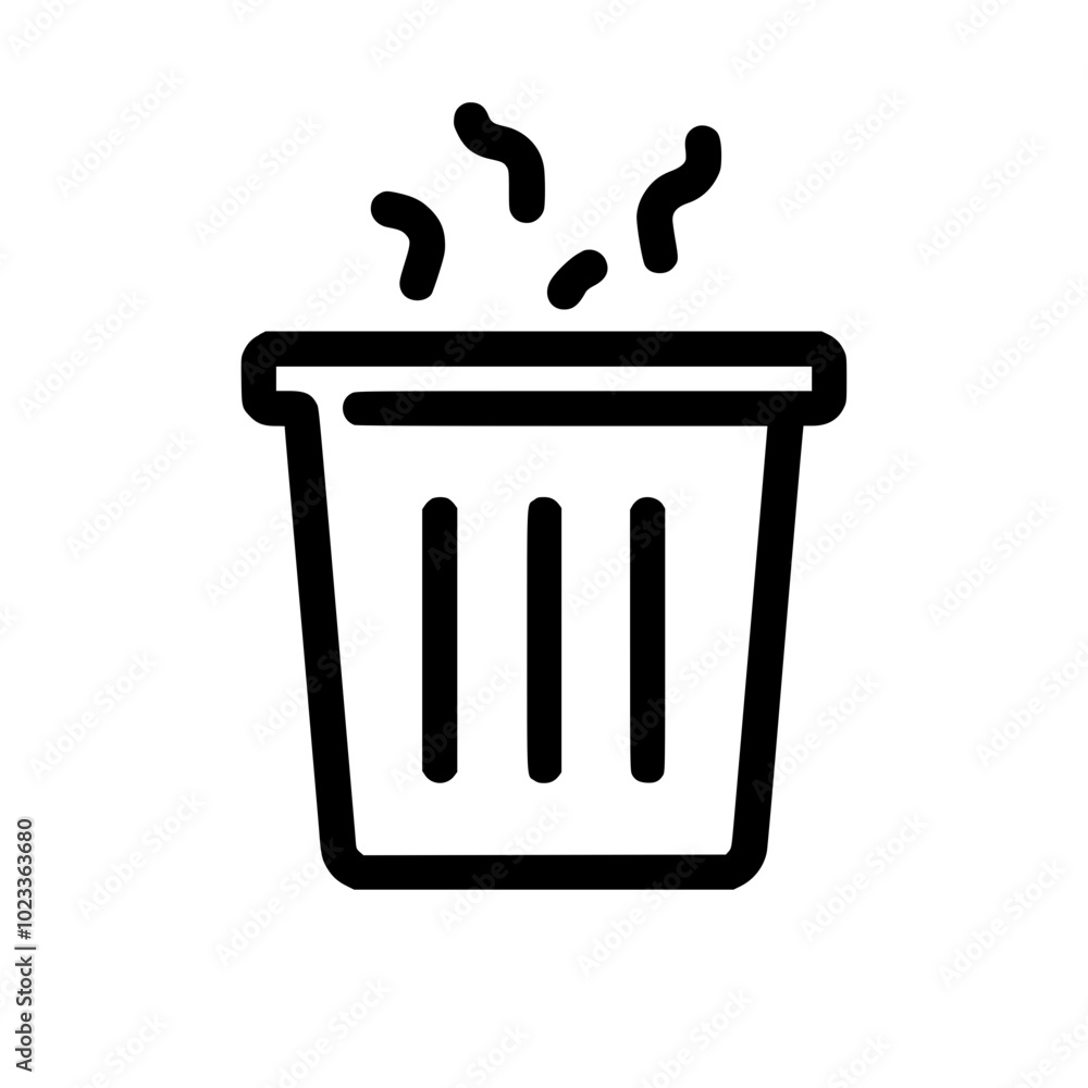 Poster simple line icon of a trash can with rising odors, representing garbage, waste, and disposal concept