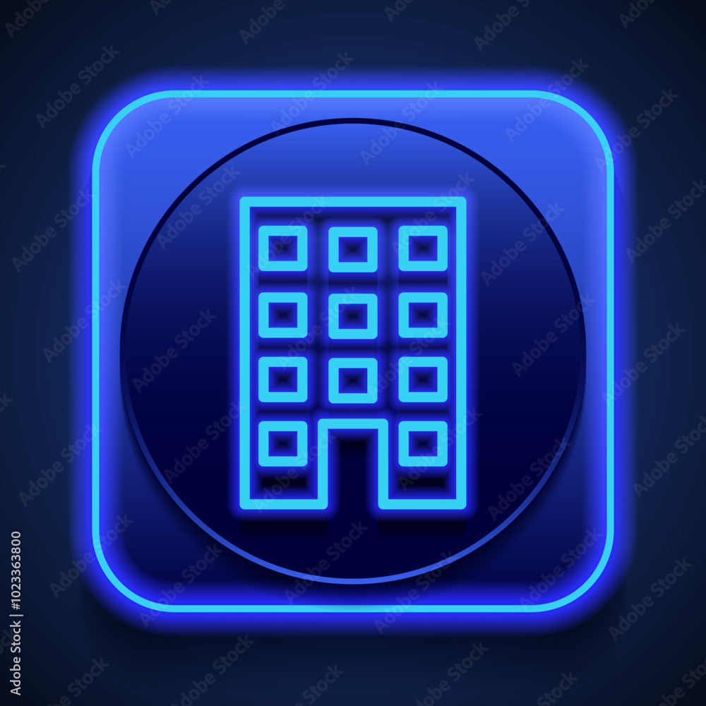Poster building simple icon vector. flat design. blue neon style on button. with shadow