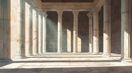 Sunlit columns in an ancient greek temple. Ancient Greek Temple. Illustration