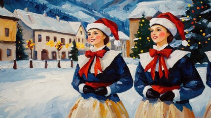 Fototapeta premium Two women in festive attire celebrating in a winter landscape.