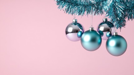 Silver Christmas baubles hanging from lavender and turquoise tinsel on a pale pink background abstract holiday d&eacute;cor 