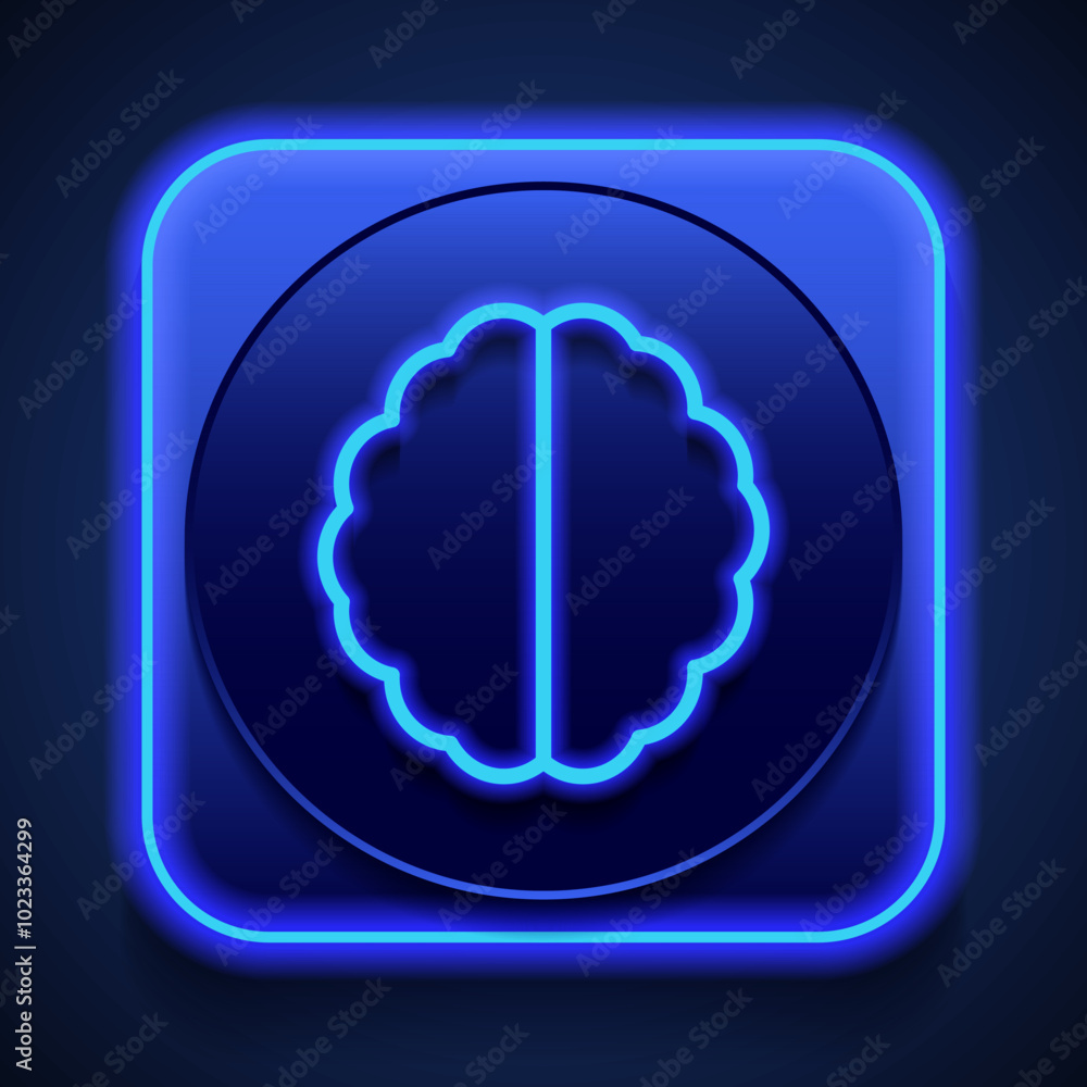 Poster brain simple icon vector. flat design. blue neon style on button. with shadow