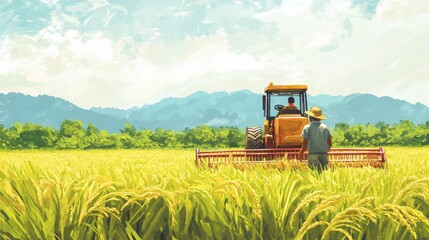 Skilled farmer driving a rice harvester through a lush green paddy field. Suitable for agricultural technology, farming operations, and rural livelihoods.