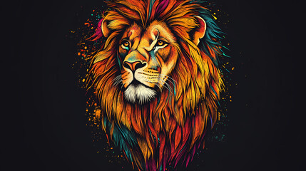 Fototapeta premium T shirt design mysctical dreamy colorful lion on black background. ai generative. Maasai Warriors. Illustration