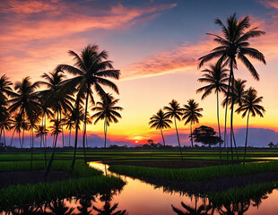 Green rice terraces bask in sunset glow