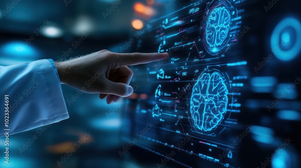 Poster a hand interacts with a digital display showing brain scans and data analysis.