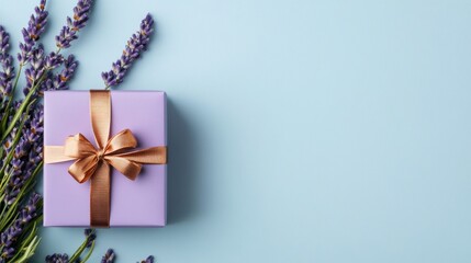 Soft lavender gift box with rose-gold ribbon on a powder blue background with space for text elegant New Year celebration 