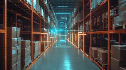 Smart warehouse management system using augmented reality technology to identify package picking and delivery . Future concept of supply chain and logistic business