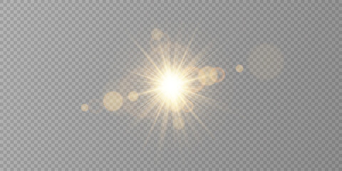 A bright golden light effect with deep highlights and multiple rays. yellow glow lights sun rays, flare special effect with rays of light and magic sparkles, bright and shining golden star, illustrati © kulinskaia