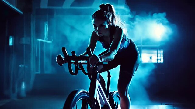 Intense Indoor Cycling Session with Blue Neon Lighting