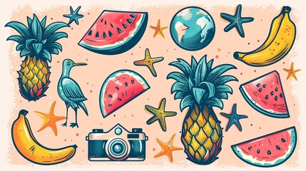 summer collage set with watermelon instant camera starfish palm tree banana seagull pineapple kite on pink background retro halftone dotted cut-out elements