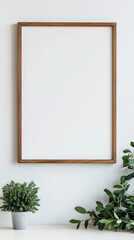 Blank wooden frame on a white wall with greenery.