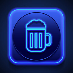 Beer simple icon vector. Flat design. Blue neon style on button. With shadow