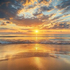 Obraz premium Stunning sunset view over a calm beach with golden skies and gentle waves. Ideal for travel, vacation, or relaxation themes. 