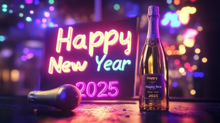 Happy New Year 2025 glowing in multicolored neon lights, with a sparkling champagne bottle beside it.