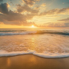 Stunning sunset view over a calm beach with golden skies and gentle waves. Ideal for travel, vacation, or relaxation themes. 
